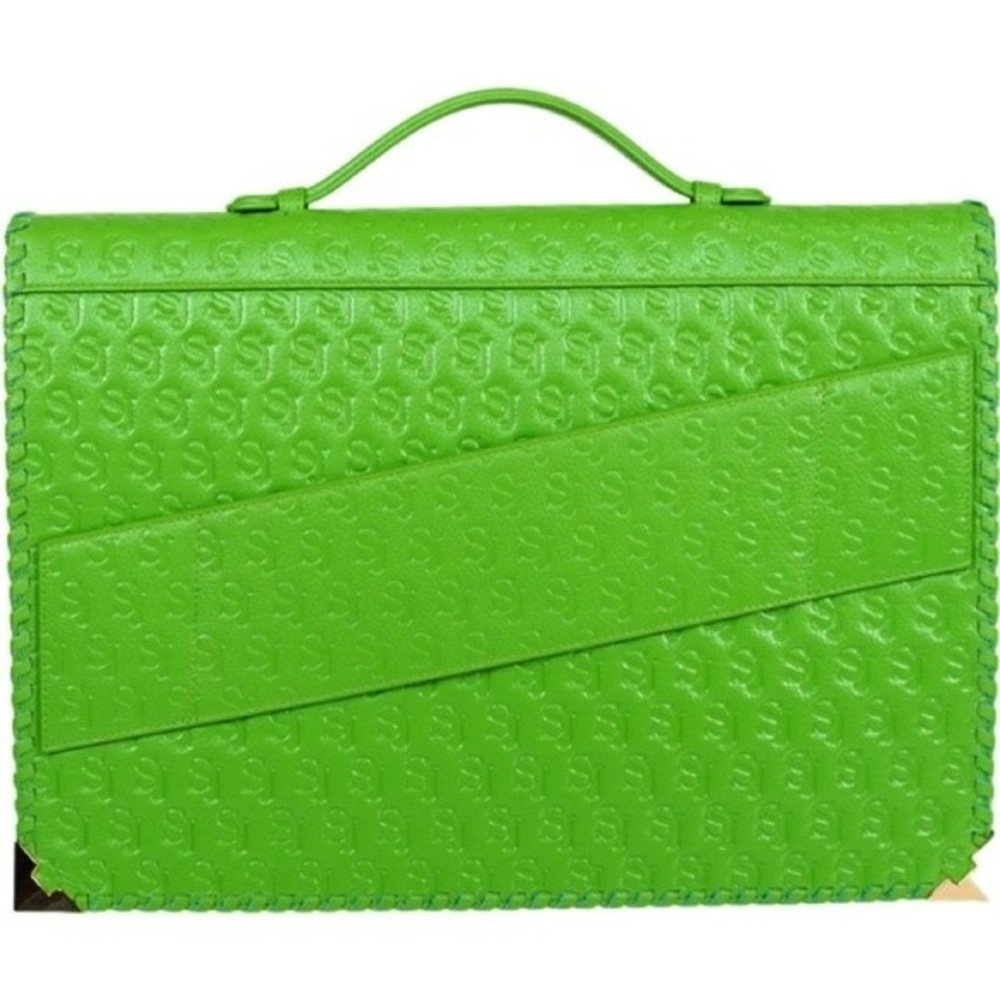 Sassy Jones Neo Green Embossed Leather Laptop Case Oversized Envelope Clutch NEW - Picture 3 of 9